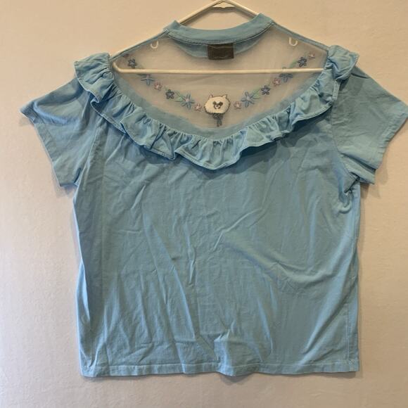 Lazy Oaf Grumpy Cat Mesh Ruffle top Tunic Womens Small Powder Blue - Picture 6 of 8